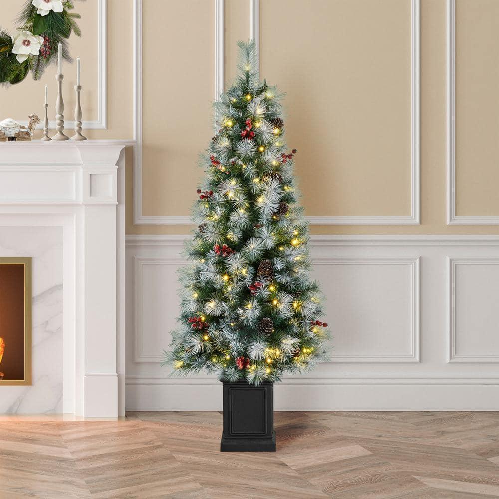 5 ft. Pre-Lit Pine Artificial Christmas Porch Tree with 150 Warm White ...