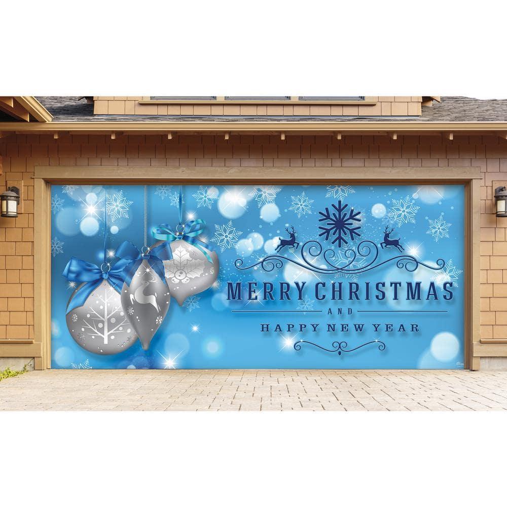 7 ft. x 16 ft. Silver Christmas Ornaments on Blue Christmas Garage Door ...