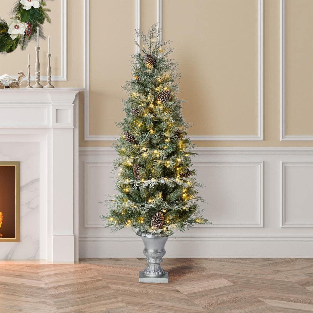 5 ft. Pre-Lit Pine Artificial Christmas Porch Tree with 180 Warm White ...